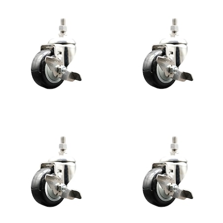 Service Caster 3 Inch 316SS Black Polyurethane Swivel 3/8 Inch Threaded Stem Caster Set Brake SS316TS20S314-PPUB-BLK-TLB-381615-4